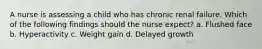 A nurse is assessing a child who has chronic renal failure. Which of the following findings should the nurse expect? a. Flushed face b. Hyperactivity c. Weight gain d. Delayed growth