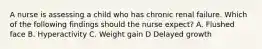 A nurse is assessing a child who has chronic renal failure. Which of the following findings should the nurse expect? A. Flushed face B. Hyperactivity C. Weight gain D Delayed growth