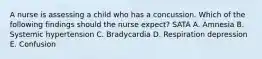 A nurse is assessing a child who has a concussion. Which of the following findings should the nurse expect? SATA A. Amnesia B. Systemic hypertension C. Bradycardia D. Respiration depression E. Confusion