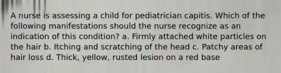 A nurse is assessing a child for pediatrician capitis. Which of the following manifestations should the nurse recognize as an indication of this condition? a. Firmly attached white particles on the hair b. Itching and scratching of the head c. Patchy areas of hair loss d. Thick, yellow, rusted lesion on a red base