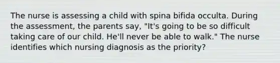 The nurse is assessing a child with spina bifida occulta. During the assessment, the parents say, "It's going to be so difficult taking care of our child. He'll never be able to walk." The nurse identifies which nursing diagnosis as the priority?