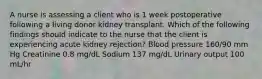 A nurse is assessing a client who is 1 week postoperative following a living donor kidney transplant. Which of the following findings should indicate to the nurse that the client is experiencing acute kidney rejection? Blood pressure 160/90 mm Hg Creatinine 0.8 mg/dL Sodium 137 mg/dL Urinary output 100 mL/hr