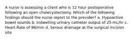 A nurse is assessing a client who is 12 hour postoperative following an open cholecystectomy. Which of the following findings should the nurse report to the provider? a. Hypoactive bowel sounds b. Indwelling urinary catheter output of 25 mL/hr c. Heart Rate of 96/min d. Serous drainage at the surgical incision site