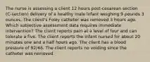 The nurse is assessing a client 12 hours post-cesarean section (C-section) delivery of a healthy male infant weighing 9 pounds 3 ounces. The client's Foley catheter was removed 3 hours ago. Which subjective assessment data requires immediate intervention? The client reports pain at a level of four and can tolerate a five. The client reports the infant nursed for about 20 minutes one and a half hours ago. The client has a blood pressure of 92/48. The client reports no voiding since the catheter was removed.