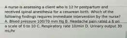 A nurse is assessing a client who is 12 hr postpartum and received spinal anesthesia for a cesarean birth. Which of the following findings requires immediate intervention by the nurse? A. Blood pressure 100/70 mm Hg B. Headache pain rated a 6 on a scale of 0 to 10 C. Respiratory rate 10/min D. Urinary output 30 mL/hr