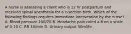 A nurse is assessing a client who is 12 hr postpartum and received spinal anesthesia for a c-section birth. Which of the following findings requires immediate intervention by the nurse? A. Blood pressure 100/70 B. Headache pain rated a 6 on a scale of 0-10 C. RR 10/min D. Urinary output 30ml/hr