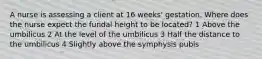 A nurse is assessing a client at 16 weeks' gestation. Where does the nurse expect the fundal height to be located? 1 Above the umbilicus 2 At the level of the umbilicus 3 Half the distance to the umbilicus 4 Slightly above the symphysis pubis