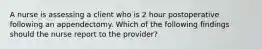 A nurse is assessing a client who is 2 hour postoperative following an appendectomy. Which of the following findings should the nurse report to the provider?