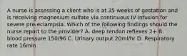 A nurse is assessing a client who is at 35 weeks of gestation and is receiving magnesium sulfate via continuous IV infusion for severe pre-eclampsia. Which of the following findings should the nurse report to the provider? A. deep tendon reflexes 2+ B. blood pressure 150/96 C. Urinary output 20ml/hr D. Respiratory rate 16min