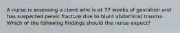 A nurse is assessing a client who is at 37 weeks of gestation and has suspected pelvic fracture due to blunt abdominal trauma. Which of the following findings should the nurse expect?