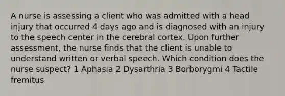 A nurse is assessing a client who was admitted with a head injury that occurred 4 days ago and is diagnosed with an injury to the speech center in the cerebral cortex. Upon further assessment, the nurse finds that the client is unable to understand written or verbal speech. Which condition does the nurse suspect? 1 Aphasia 2 Dysarthria 3 Borborygmi 4 Tactile fremitus