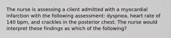 The nurse is assessing a client admitted with a myocardial infarction with the following assessment: dyspnea, heart rate of 140 bpm, and crackles in the posterior chest. The nurse would interpret these findings as which of the following?