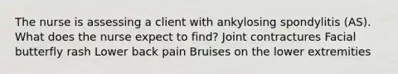 The nurse is assessing a client with ankylosing spondylitis (AS). What does the nurse expect to find? Joint contractures Facial butterfly rash Lower back pain Bruises on the lower extremities