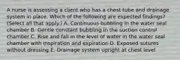 A nurse is assessing a client who has a chest tube and drainage system in place. Which of the following are expected findings? (Select all that apply.) A. Continuous bubbling in the water seal chamber B. Gentle constant bubbling in the suction control chamber C. Rise and fall in the level of water in the water seal chamber with inspiration and expiration D. Exposed sutures without dressing E. Drainage system upright at chest level