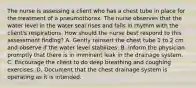 The nurse is assessing a client who has a chest tube in place for the treatment of a pneumothorax. The nurse observes that the water level in the water seal rises and falls in rhythm with the client's respirations. How should the nurse best respond to this assessment finding? A. Gently reinsert the chest tube 1 to 2 cm and observe if the water level stabilizes. B. Inform the physician promptly that there is in imminent leak in the drainage system. C. Encourage the client to do deep breathing and coughing exercises. D. Document that the chest drainage system is operating as it is intended.