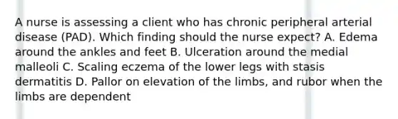 A nurse is assessing a client who has chronic peripheral arterial disease (PAD). Which finding should the nurse expect? A. Edema around the ankles and feet B. Ulceration around the medial malleoli C. Scaling eczema of the lower legs with stasis dermatitis D. Pallor on elevation of the limbs, and rubor when the limbs are dependent