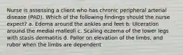 Nurse is assessing a client who has chronic peripheral arterial disease (PAD). Which of the following findings should the nurse expect? a. Edema around the ankles and feet b. Ulceration around the medial malleoli c. Scaling eczema of the lower legs with stasis dermatitis d. Pallor on elevation of the limbs, and rubor when the limbs are dependent