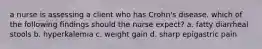 a nurse is assessing a client who has Crohn's disease. which of the following findings should the nurse expect? a. fatty diarrheal stools b. hyperkalemia c. weight gain d. sharp epigastric pain