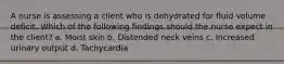 A nurse is assessing a client who is dehydrated for fluid volume deficit. Which of the following findings should the nurse expect in the client? a. Moist skin b. Distended neck veins c. Increased urinary output d. Tachycardia