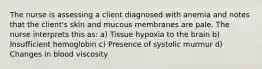 The nurse is assessing a client diagnosed with anemia and notes that the client's skin and mucous membranes are pale. The nurse interprets this as: a) Tissue hypoxia to the brain b) Insufficient hemoglobin c) Presence of systolic murmur d) Changes in blood viscosity