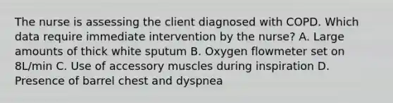 The nurse is assessing the client diagnosed with COPD. Which data require immediate intervention by the nurse? A. Large amounts of thick white sputum B. Oxygen flowmeter set on 8L/min C. Use of accessory muscles during inspiration D. Presence of barrel chest and dyspnea