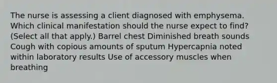 The nurse is assessing a client diagnosed with emphysema. Which clinical manifestation should the nurse expect to​ find? (Select all that​ apply.) Barrel chest Diminished breath sounds Cough with copious amounts of sputum Hypercapnia noted within laboratory results Use of accessory muscles when breathing