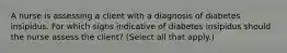 A nurse is assessing a client with a diagnosis of diabetes insipidus. For which signs indicative of diabetes insipidus should the nurse assess the client? (Select all that apply.)