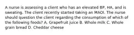 A nurse is assessing a client who has an elevated BP, HA, and is sweating. The client recently started taking an MAOI. The nurse should question the client regarding the consumption of which of the following foods? A. Grapefruit juice B. Whole milk C. Whole grain bread D. Cheddar cheese