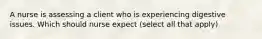 A nurse is assessing a client who is experiencing digestive issues. Which should nurse expect (select all that apply)