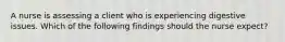 A nurse is assessing a client who is experiencing digestive issues. Which of the following findings should the nurse expect?