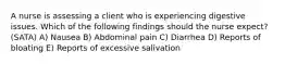 A nurse is assessing a client who is experiencing digestive issues. Which of the following findings should the nurse expect? (SATA) A) Nausea B) Abdominal pain C) Diarrhea D) Reports of bloating E) Reports of excessive salivation