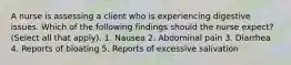 A nurse is assessing a client who is experiencing digestive issues. Which of the following findings should the nurse expect? (Select all that apply). 1. Nausea 2. Abdominal pain 3. Diarrhea 4. Reports of bloating 5. Reports of excessive salivation