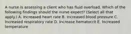 A nurse is assessing a client who has fluid overload. Which of the following findings should the nurse expect? (Select all that apply.) A. Increased heart rate B. Increased blood pressure C. Increased respiratory rate D. Increase hematocrit E. Increased temperature