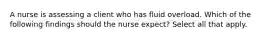 A nurse is assessing a client who has fluid overload. Which of the following findings should the nurse expect? Select all that apply.