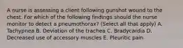 A nurse is assessing a client following gunshot wound to the chest. For which of the following findings should the nurse monitor to detect a pneumothorax? (Select all that apply) A. Tachypnea B. Deviation of the trachea C. Bradycardia D. Decreased use of accessory muscles E. Pleuritic pain