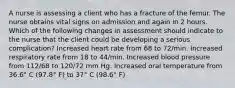 A nurse is assessing a client who has a fracture of the femur. The nurse obtains vital signs on admission and again in 2 hours. Which of the following changes in assessment should indicate to the nurse that the client could be developing a serious complication? Increased heart rate from 68 to 72/min. Increased respiratory rate from 18 to 44/min. Increased blood pressure from 112/68 to 120/72 mm Hg. Increased oral temperature from 36.6° C (97.8° F) to 37° C (98.6° F)