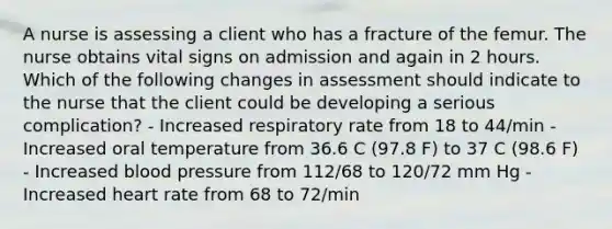 A nurse is assessing a client who has a fracture of the femur. The nurse obtains vital signs on admission and again in 2 hours. Which of the following changes in assessment should indicate to the nurse that the client could be developing a serious complication? - Increased respiratory rate from 18 to 44/min - Increased oral temperature from 36.6 C (97.8 F) to 37 C (98.6 F) - Increased blood pressure from 112/68 to 120/72 mm Hg - Increased heart rate from 68 to 72/min