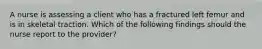 A nurse is assessing a client who has a fractured left femur and is in skeletal traction. Which of the following findings should the nurse report to the provider?