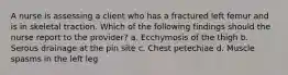 A nurse is assessing a client who has a fractured left femur and is in skeletal traction. Which of the following findings should the nurse report to the provider? a. Ecchymosis of the thigh b. Serous drainage at the pin site c. Chest petechiae d. Muscle spasms in the left leg