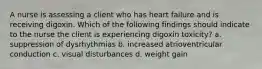 A nurse is assessing a client who has heart failure and is receiving digoxin. Which of the following findings should indicate to the nurse the client is experiencing digoxin toxicity? a. suppression of dysrhythmias b. increased atrioventricular conduction c. visual disturbances d. weight gain