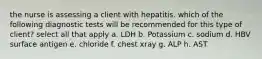 the nurse is assessing a client with hepatitis. which of the following diagnostic tests will be recommended for this type of client? select all that apply a. LDH b. Potassium c. sodium d. HBV surface antigen e. chloride f. chest xray g. ALP h. AST