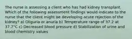 The nurse is assessing a client who has had kidney transplant. Which of the following assessment findings would indicate to the nurse that the client might be developing acute rejection of the kidney? a) Oliguria or anuria b) Temperature range of 37.2 at 37.7°C c) Decreased blood pressure d) Stabilization of urine and blood chemistry values