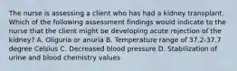 The nurse is assessing a client who has had a kidney transplant. Which of the following assessment findings would indicate to the nurse that the client might be developing acute rejection of the kidney? A. Oliguria or anuria B. Temperature range of 37.2-37.7 degree Celsius C. Decreased blood pressure D. Stabilization of urine and blood chemistry values