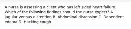 A nurse is assessing a client who has left sided heart failure. Which of the following findings should the nurse expect? A. Jugular venous distention B. Abdominal distension C. Dependent edema D. Hacking cough