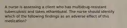 A nurse is assessing a client who has multidrug-resistant tuberculosis and takes ethambutol. The nurse should identify which of the following findings as an adverse effect of this medication?