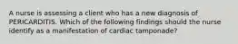 A nurse is assessing a client who has a new diagnosis of PERICARDITIS. Which of the following findings should the nurse identify as a manifestation of cardiac tamponade?