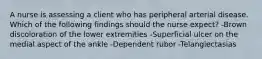A nurse is assessing a client who has peripheral arterial disease. Which of the following findings should the nurse expect? -Brown discoloration of the lower extremities -Superficial ulcer on the medial aspect of the ankle -Dependent rubor -Telangiectasias