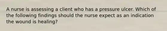 A nurse is assessing a client who has a pressure ulcer. Which of the following findings should the nurse expect as an indication the wound is healing?