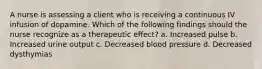 A nurse is assessing a client who is receiving a continuous IV infusion of dopamine. Which of the following findings should the nurse recognize as a therapeutic effect? a. Increased pulse b. Increased urine output c. Decreased blood pressure d. Decreased dysthymias