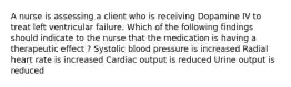 A nurse is assessing a client who is receiving Dopamine IV to treat left ventricular failure. Which of the following findings should indicate to the nurse that the medication is having a therapeutic effect ? Systolic blood pressure is increased Radial heart rate is increased Cardiac output is reduced Urine output is reduced